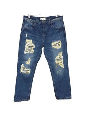 Paper Denim & Cloth Distressed Jeans Straight Men 36 X 30 Blue Med Wash Denim